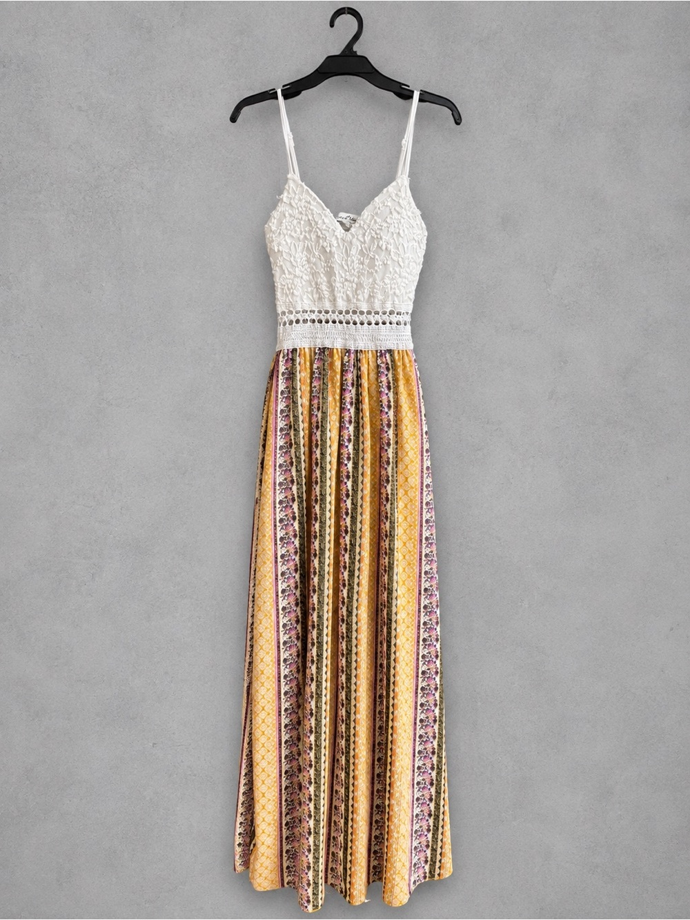 White Lace Bodice Maxi Dress with Yellow Patterned Skirt